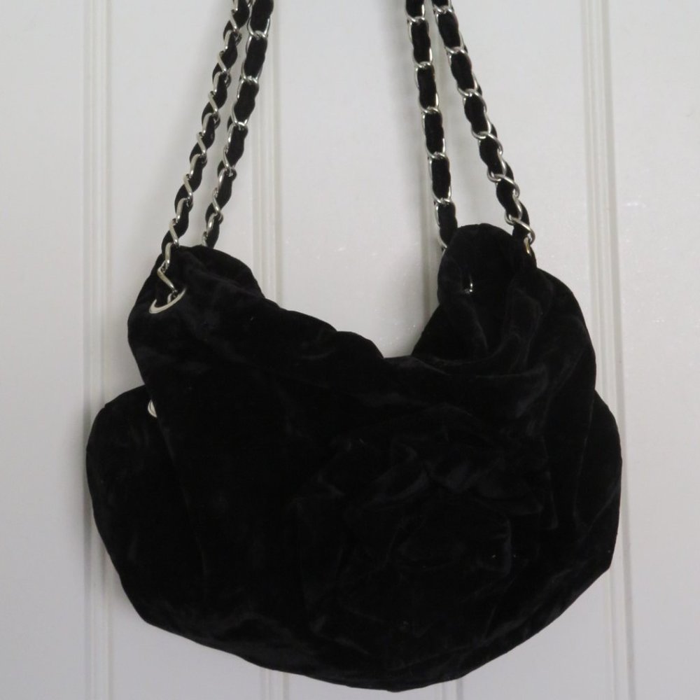 Black VELVET Rosette Shoulder Bag Chain Link Strap (K110)